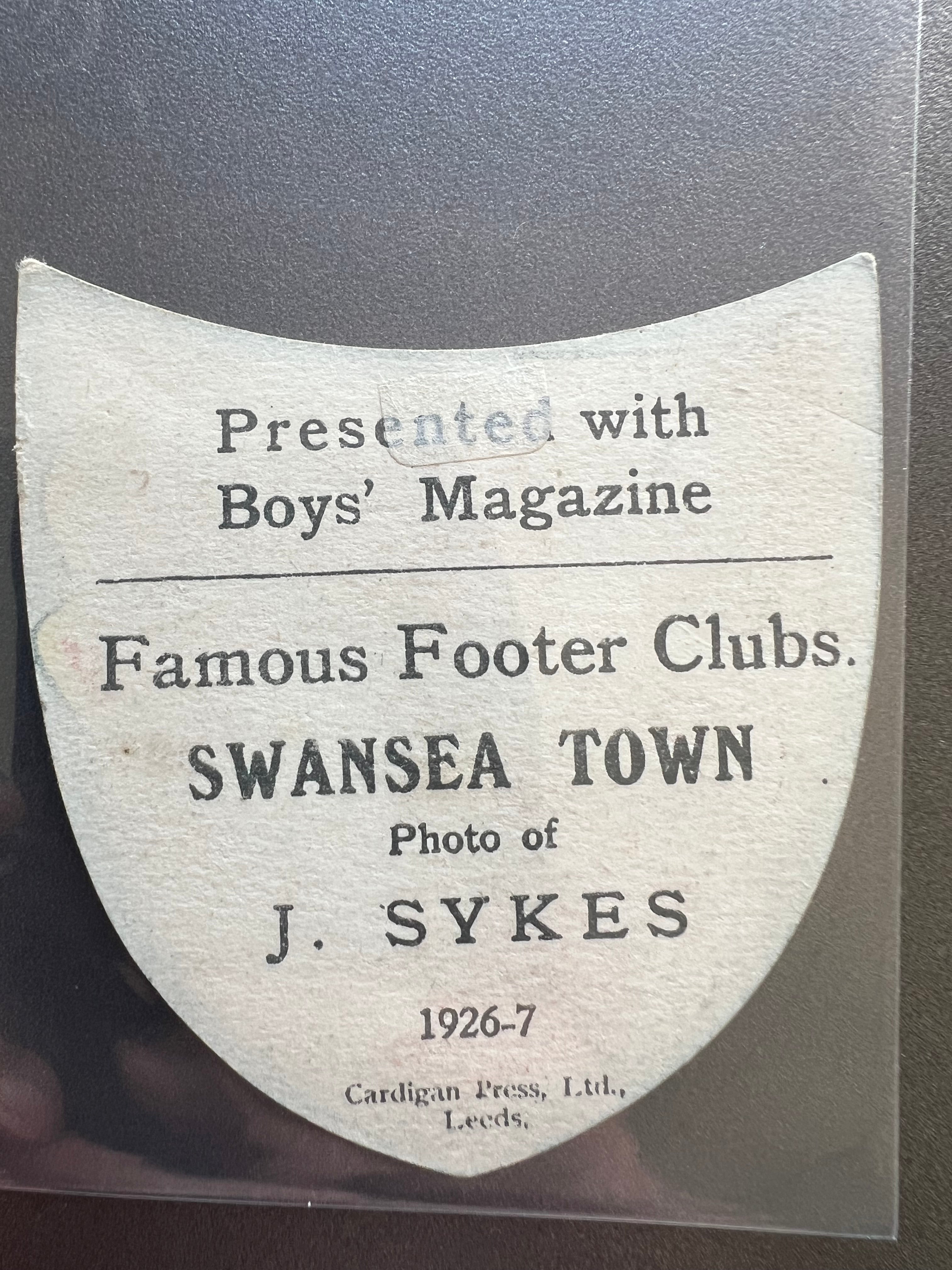 1926 - 1927  | J Sykes | Swansea Town | Boys' Magazine | Famous Footer Clubs | Baines style football trade card