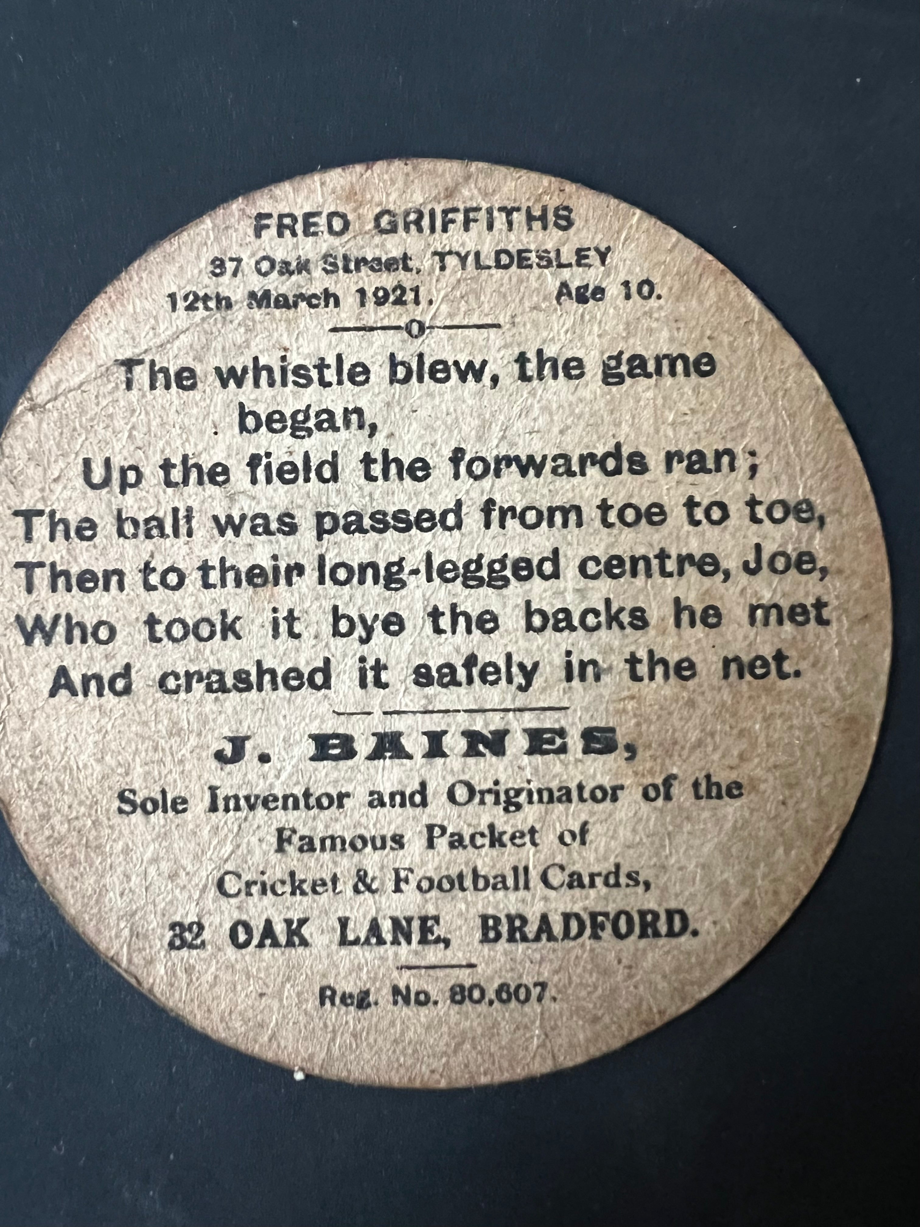 1910 | J Baines | Football | Wath Athletic | Play Up Red