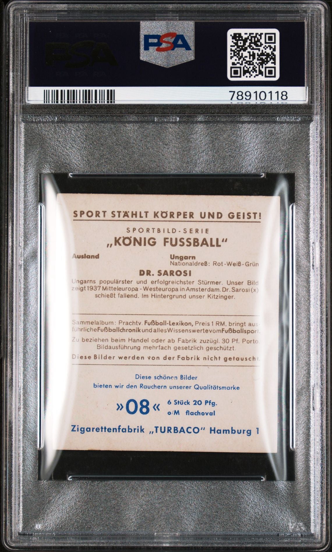 1938 | GYORGY SAROSI | Rookie soccer card | TURBACO CIGARETTE KONIG FUSSBALL | 08 | Dr. SAROSI