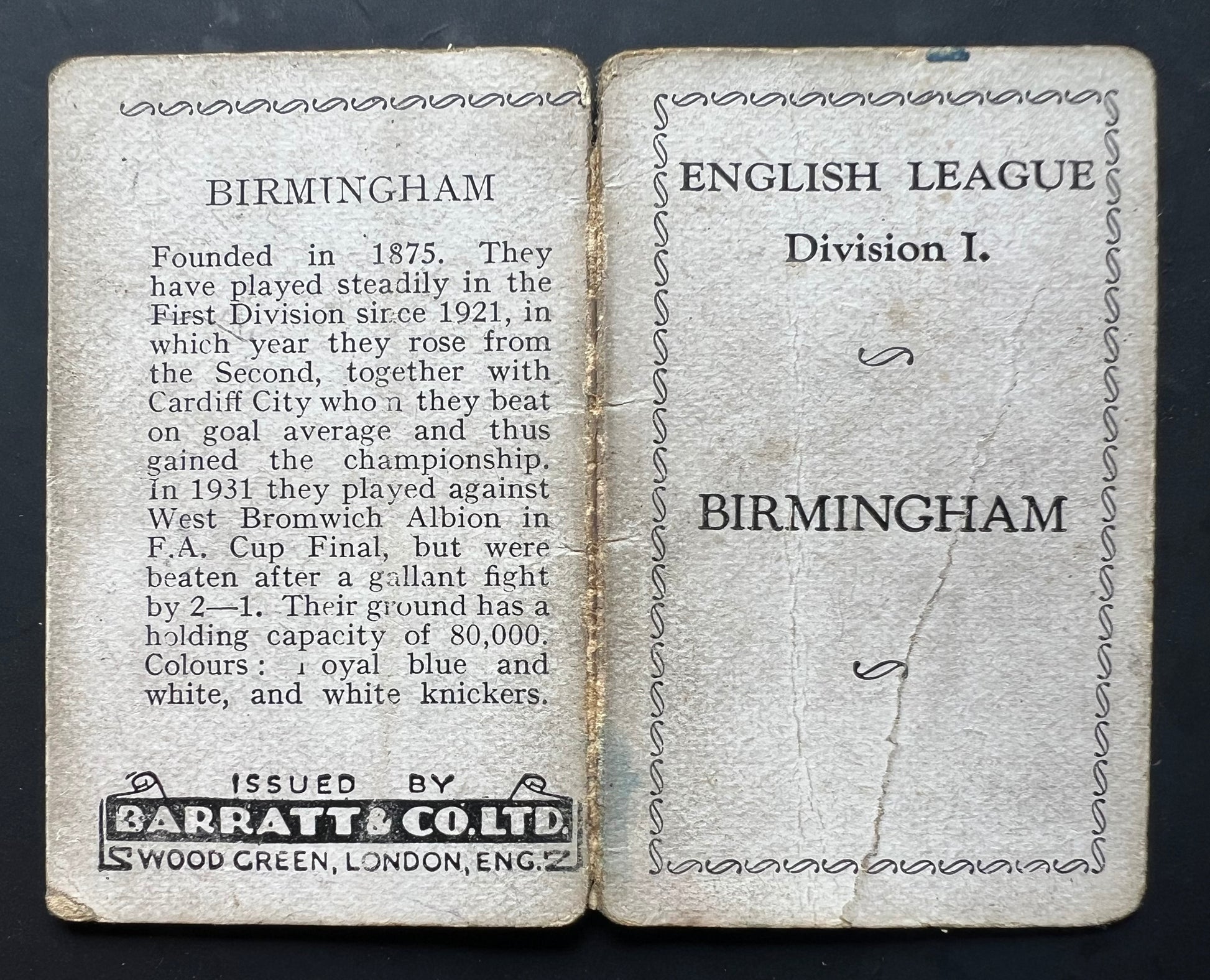 Birmingham FC Football Card Barratt Team Folder