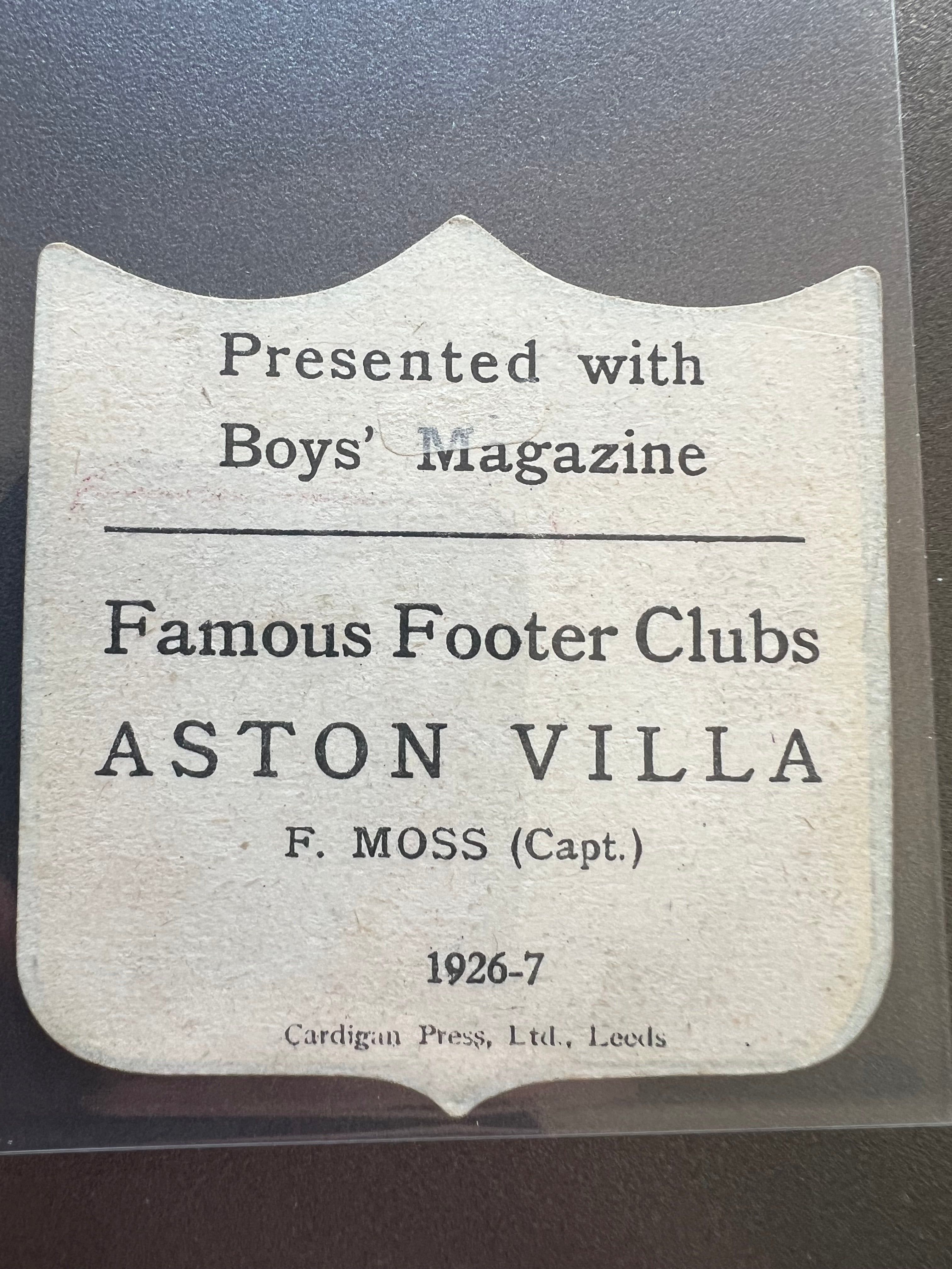 1926 - 1927  | F Moss | Aston Villa FC | Boys' Magazine
| Famous Footer Clubs | Baines style football trade card