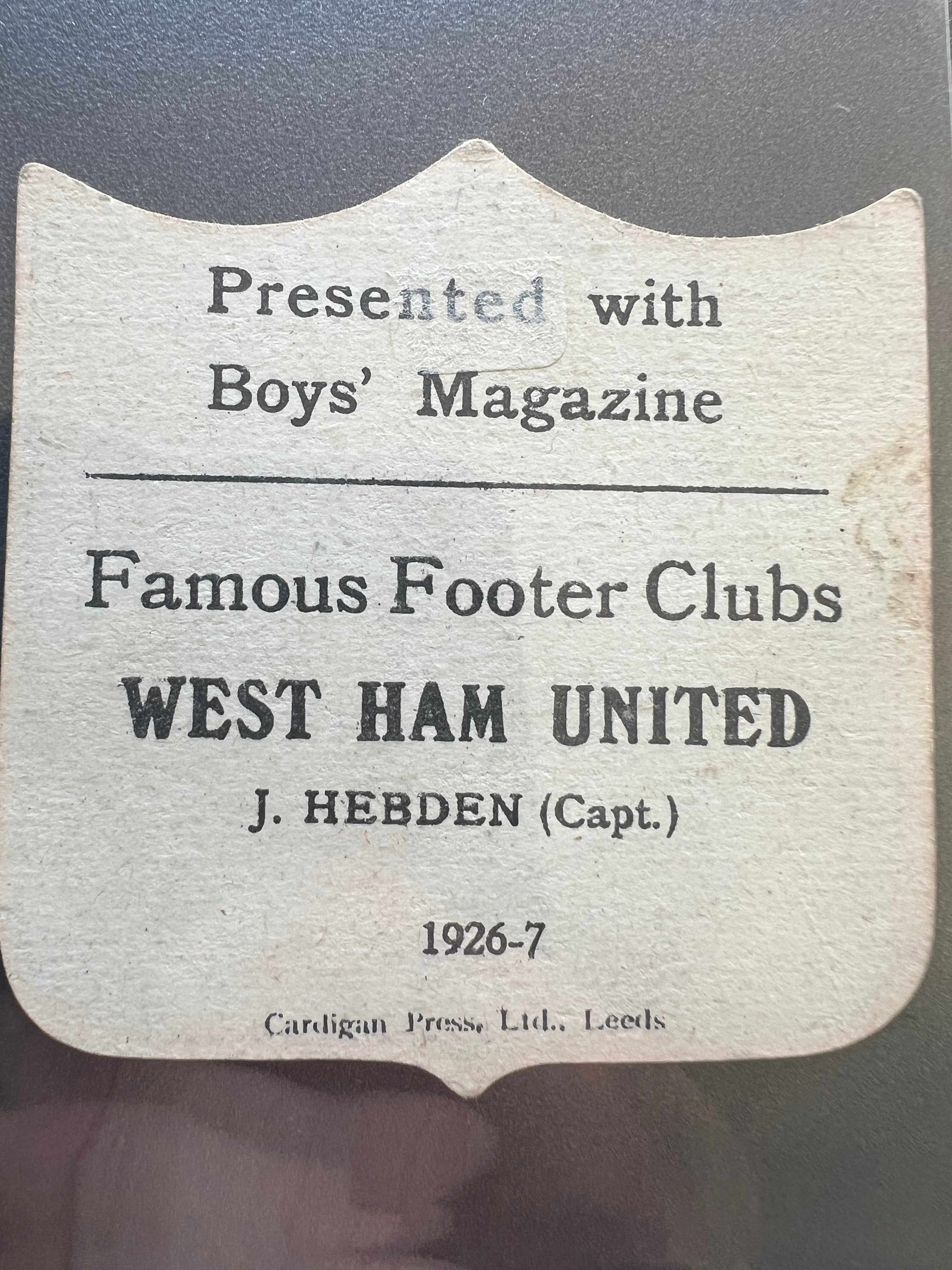 1926 - 1927  | J Hebdon | West Ham United FC | Boys' Magazine | Famous Footer Clubs | Baines style football trade card