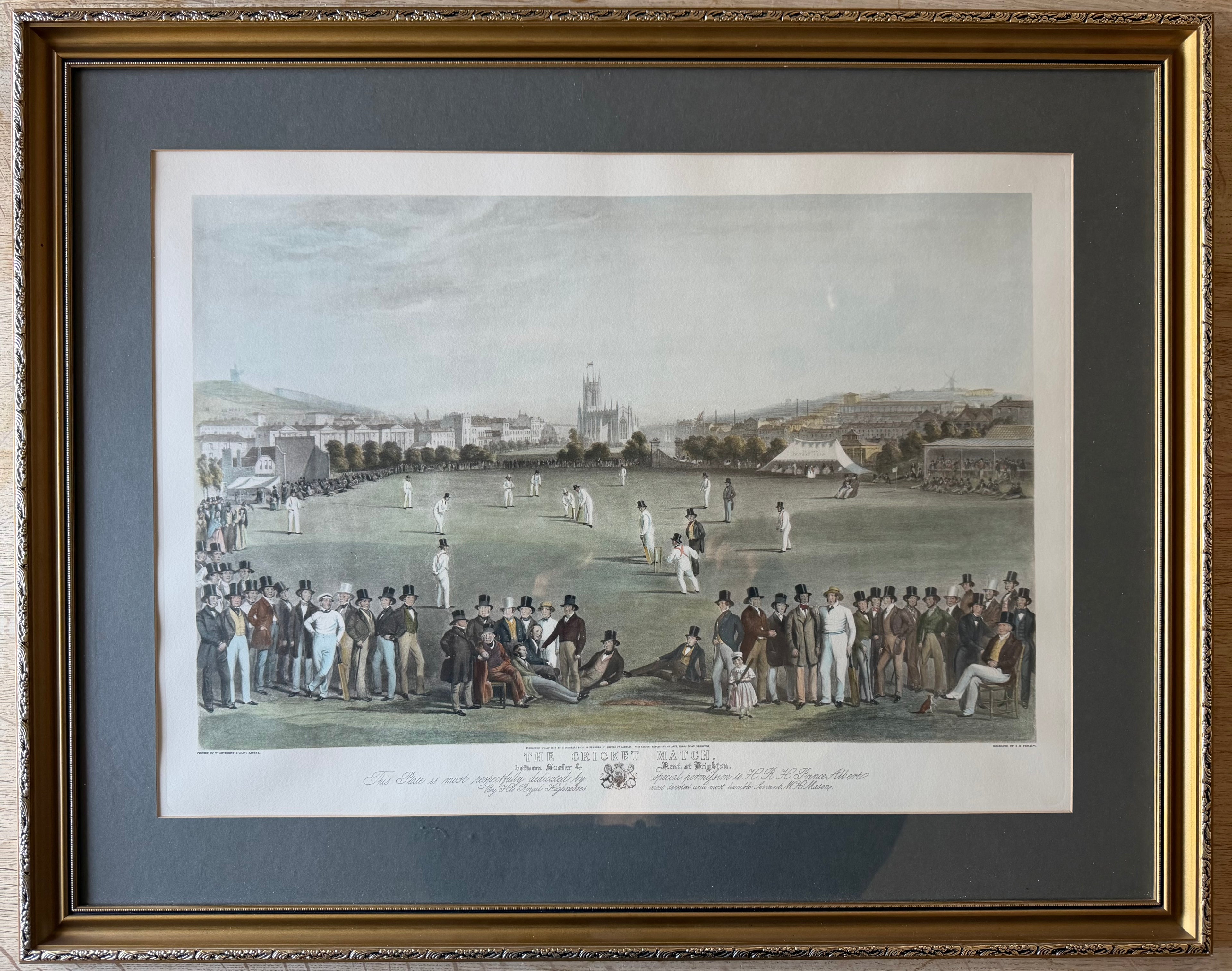 1849 | The Cricket Match between Sussex & Kent at Brighton | Drummond & Basébé Engraving – Early Victorian Cricket Print