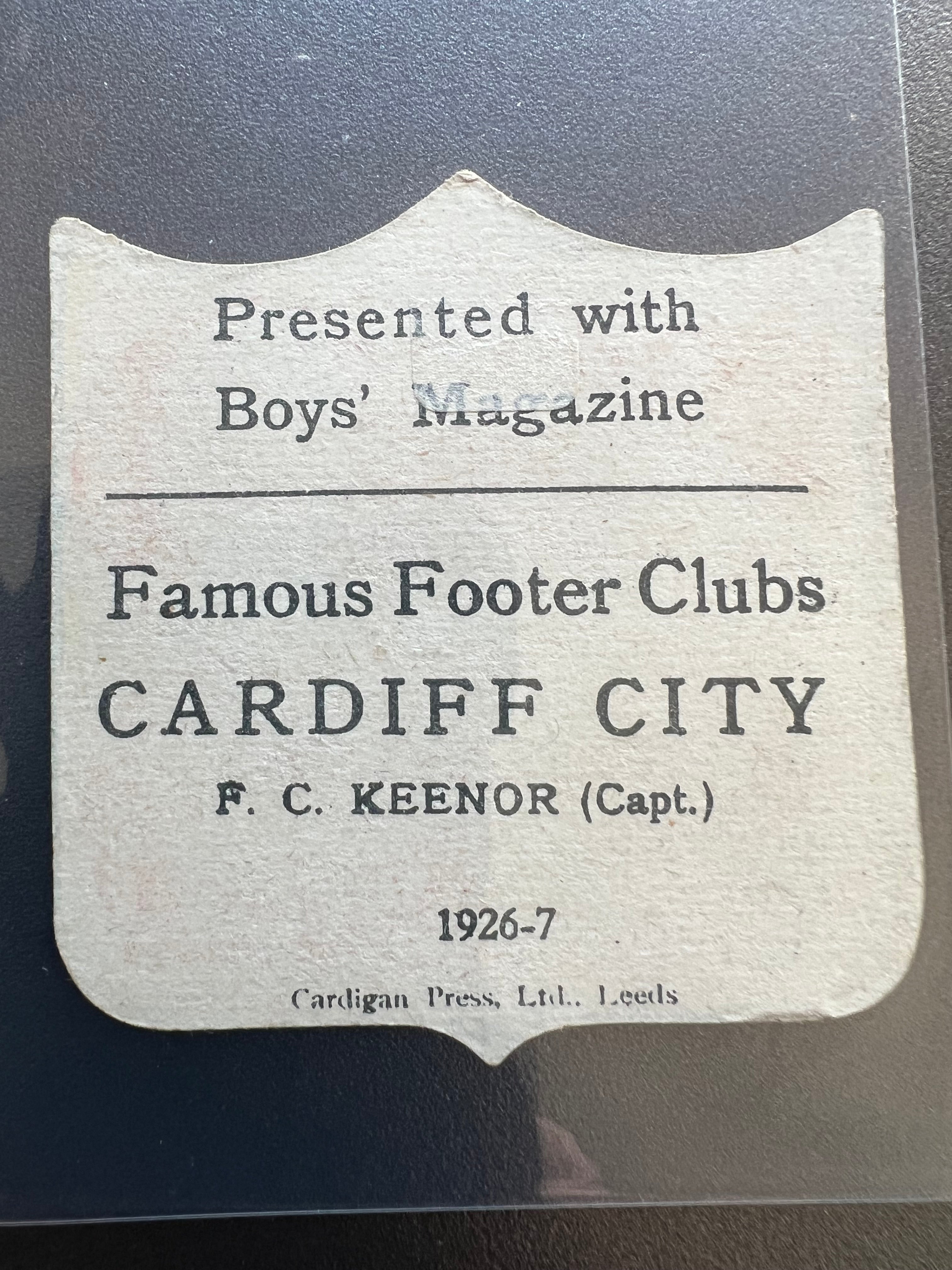 1926 - 1927  | F Keenor | Cardiff City FC | Boys' Magazine | Famous Footer Clubs | Baines style football trade card