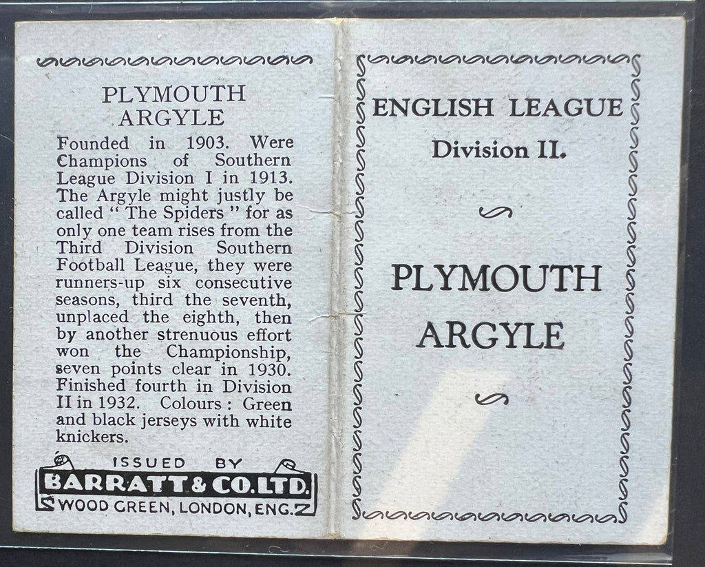 1933 | Jack Leslie | Plymouth Argyle | Barratt & Co | English Teams Div 2 - Football / Soccer Team Folder Card PSA 3.5 | POP 2