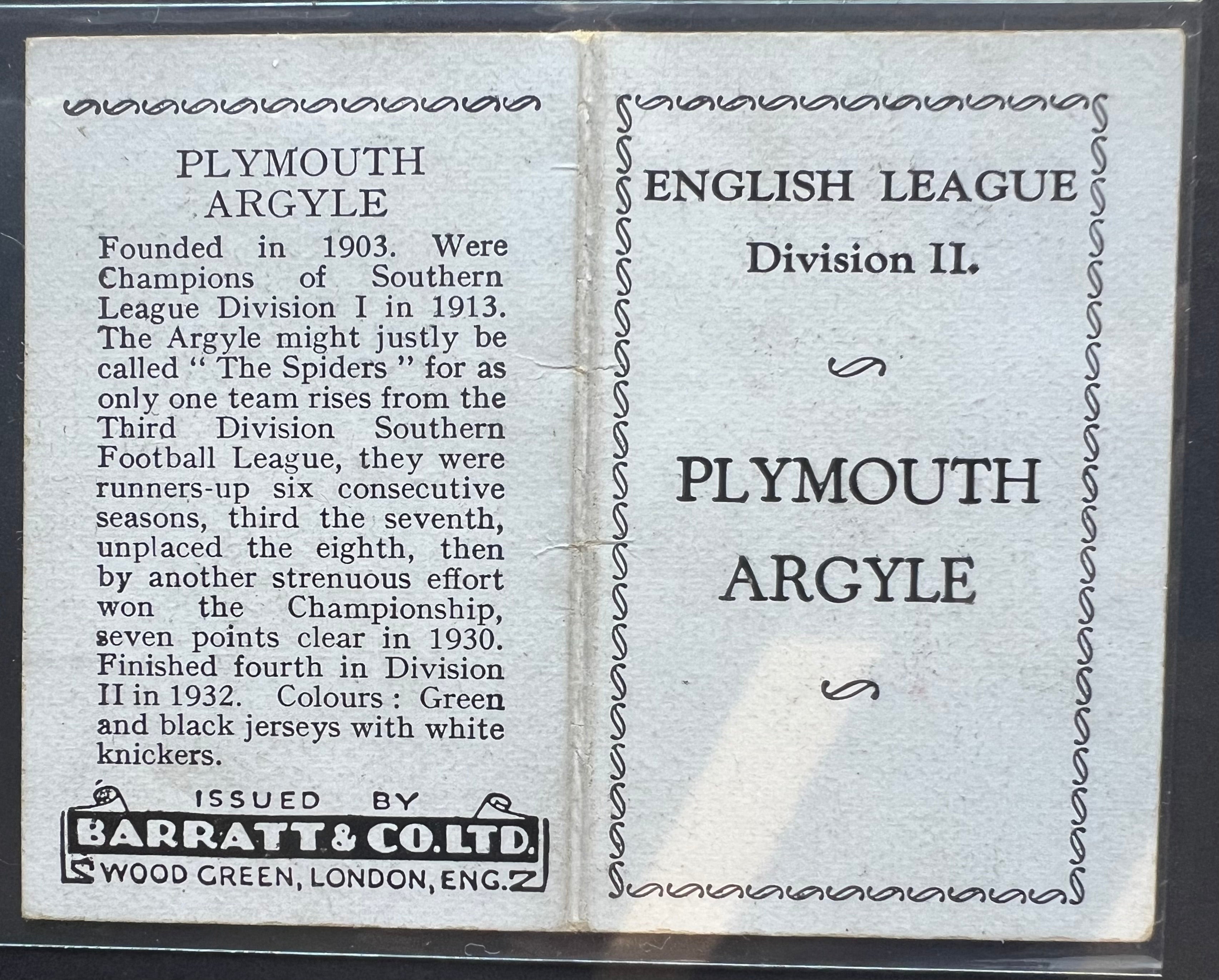 1933 | Jack Leslie | Plymouth Argyle | Barratt & Co | English Teams Div 2 - Football / Soccer Team Folder Card PSA 3.5 | POP 2