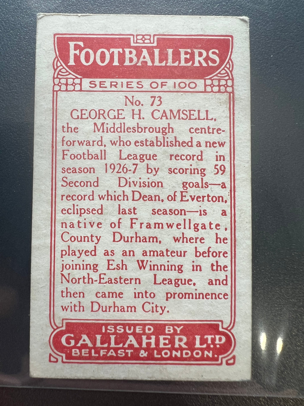 1928 | GEORGE H. CAMSELL | GALLAHER LTD. FOOTBALLERS | #73 ROOKIE | MIDDLESBROUGH