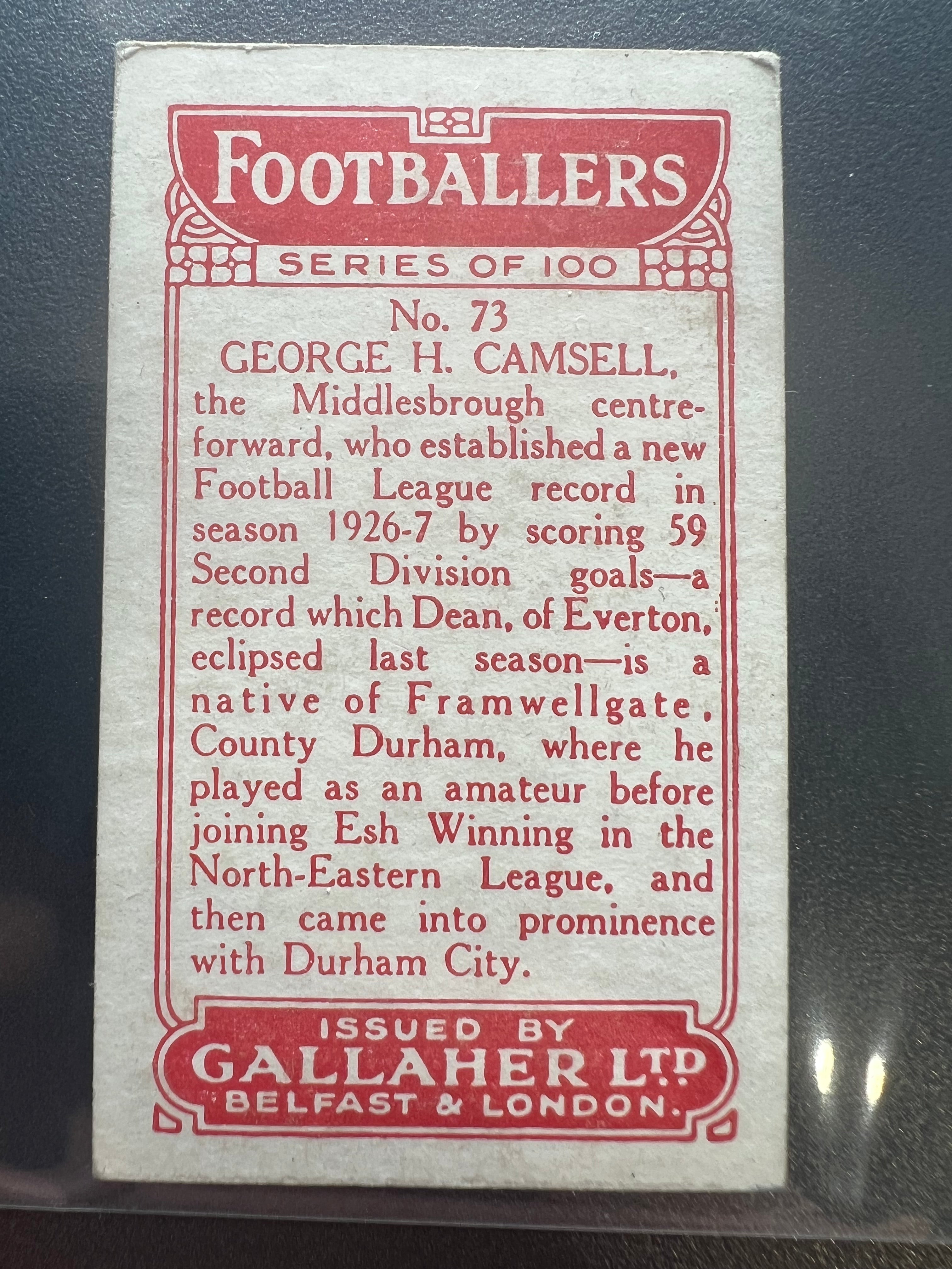 1928 | GEORGE H. CAMSELL | GALLAHER LTD. FOOTBALLERS | #73 ROOKIE | MIDDLESBROUGH