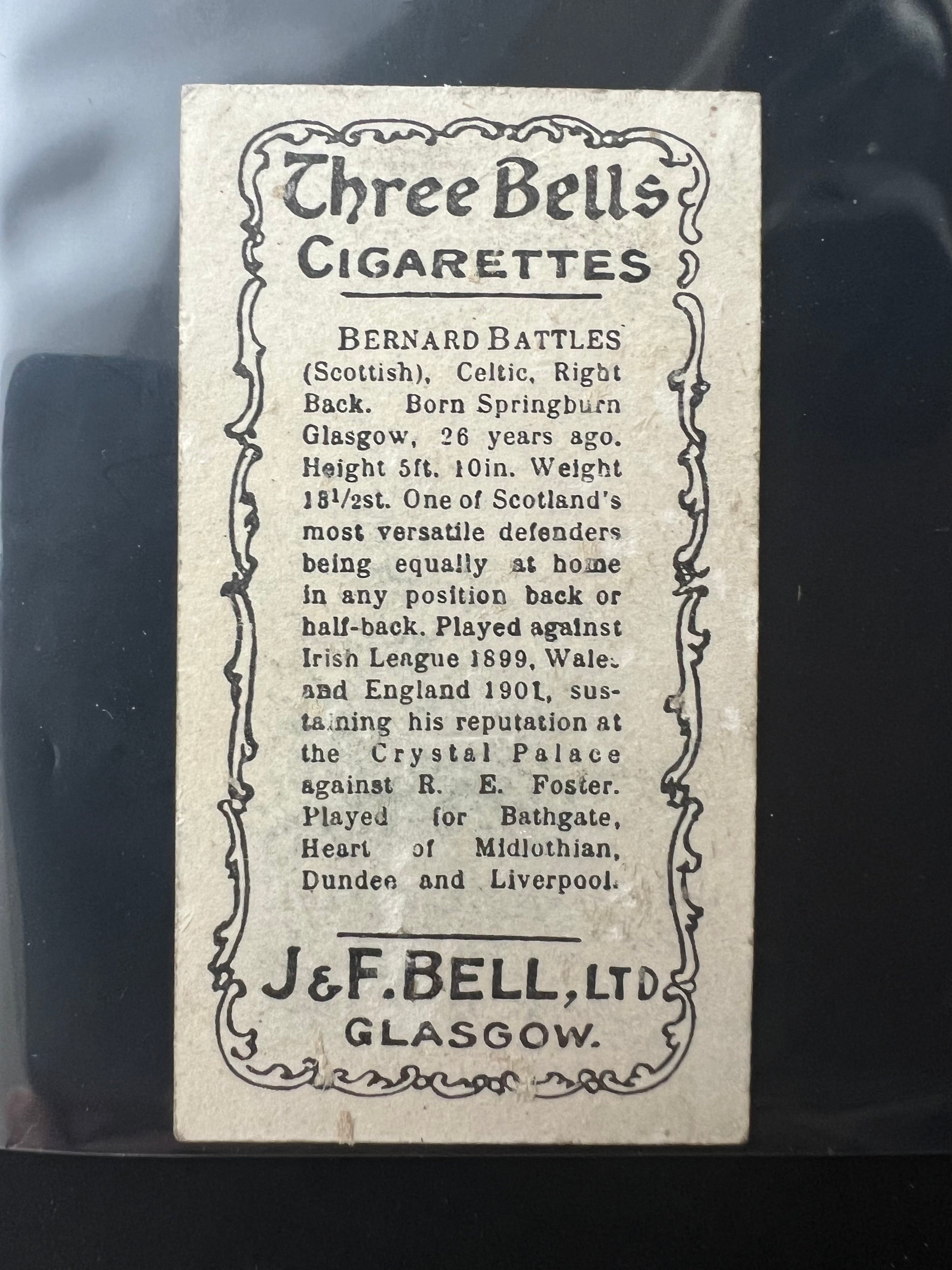 1901 | Bernard Battles | Celtic FC Football Card – J. & F. Bell Ltd. Glasgow | Three Bells Cigarettes | Three Nuns Tobacco
