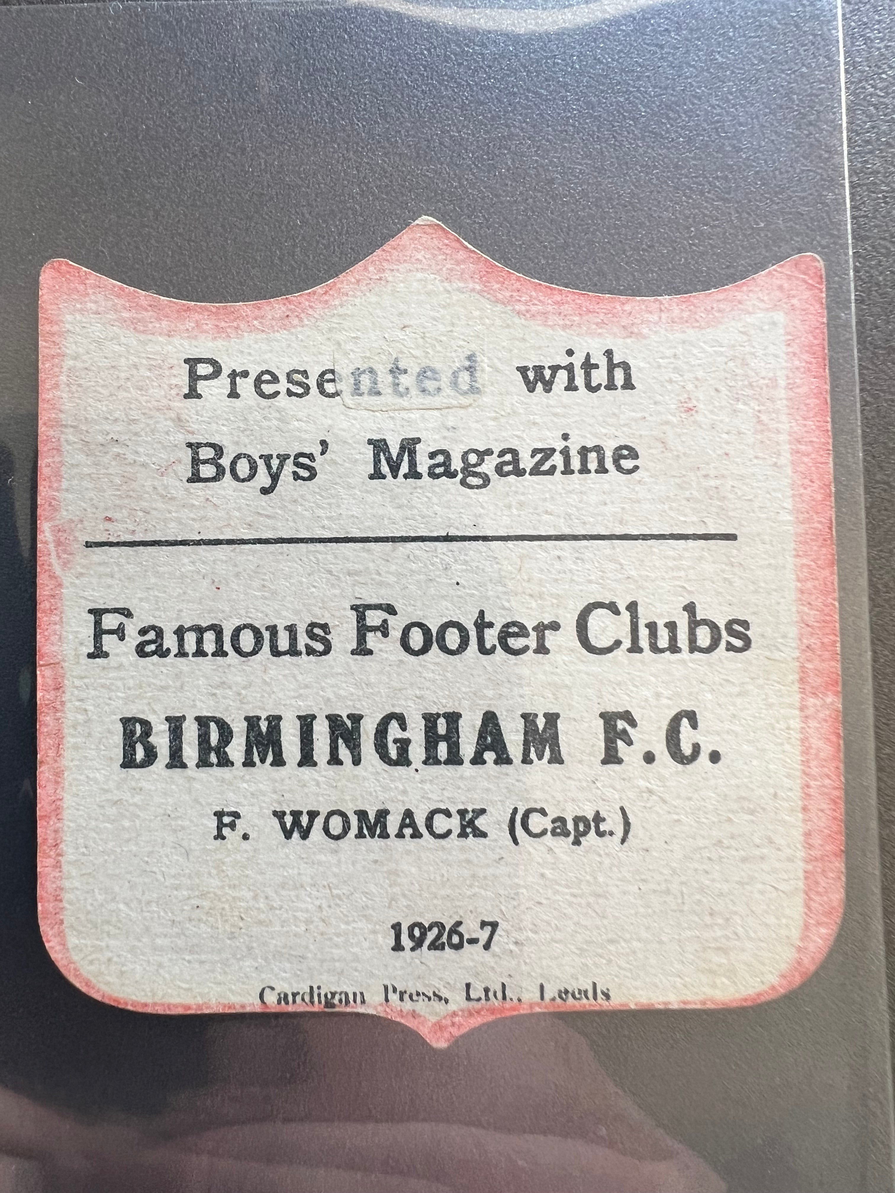 1926 - 1927  | F Womack | Birmingham FC | Boys' Magazine | Famous Footer Clubs | Baines style football trade card