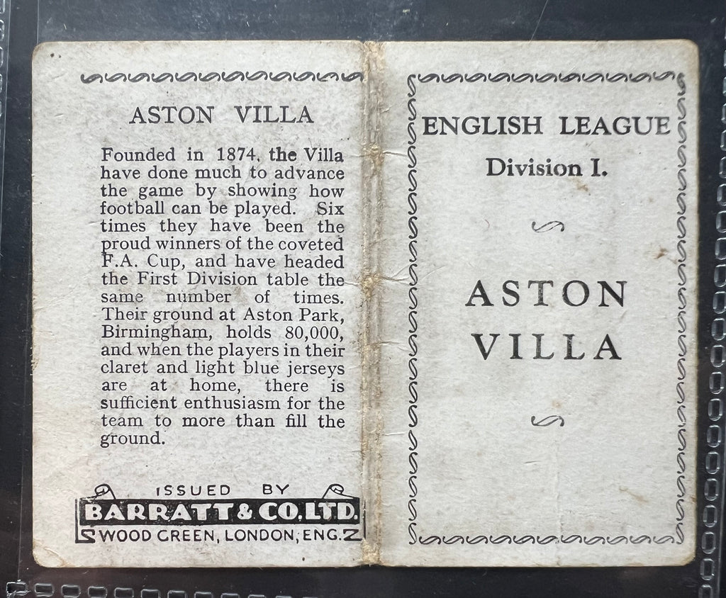 Aston Villa FC Football Trade Card Barratt & Co Team Folder