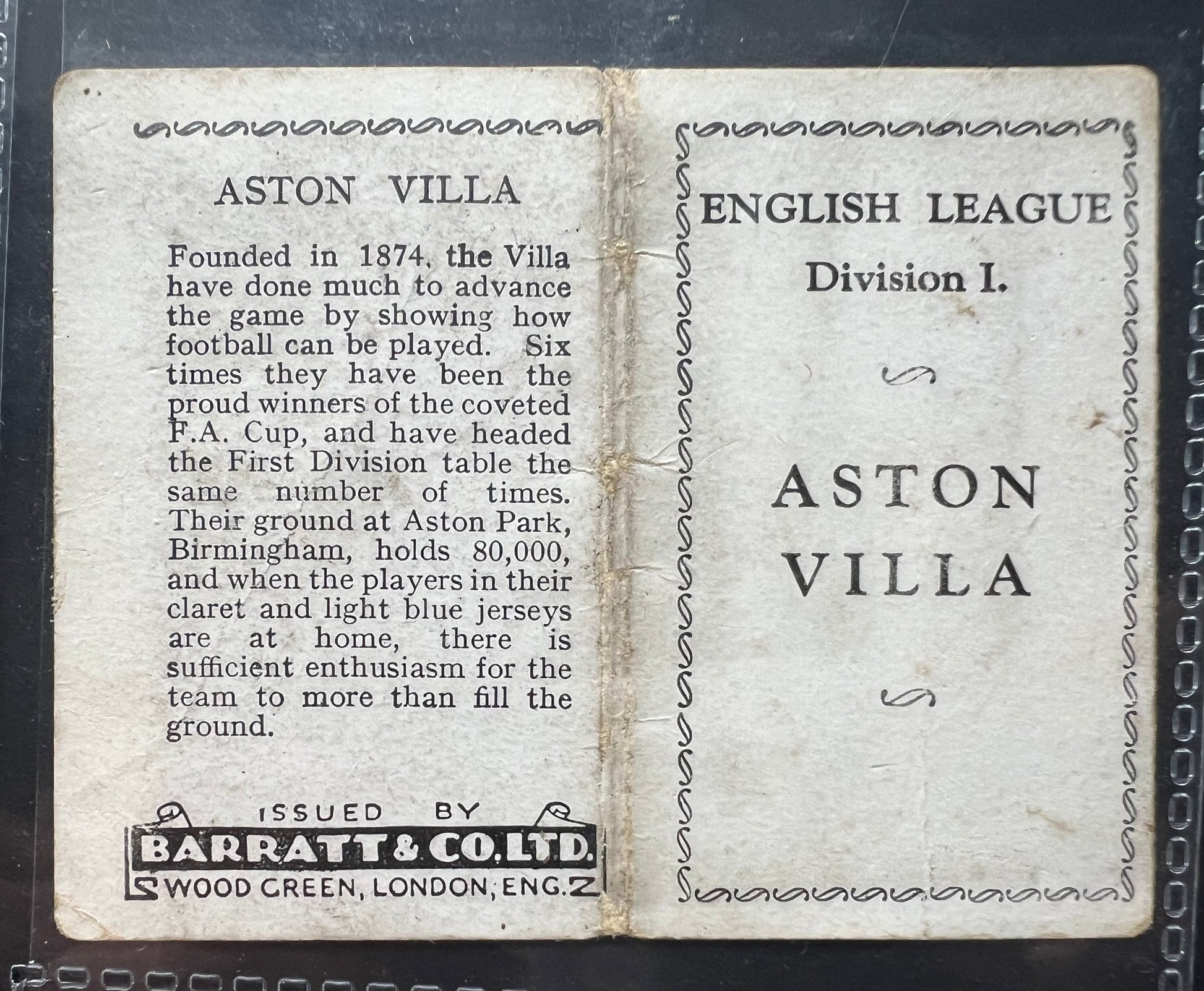 Aston Villa FC Football Trade Card Barratt & Co Team Folder