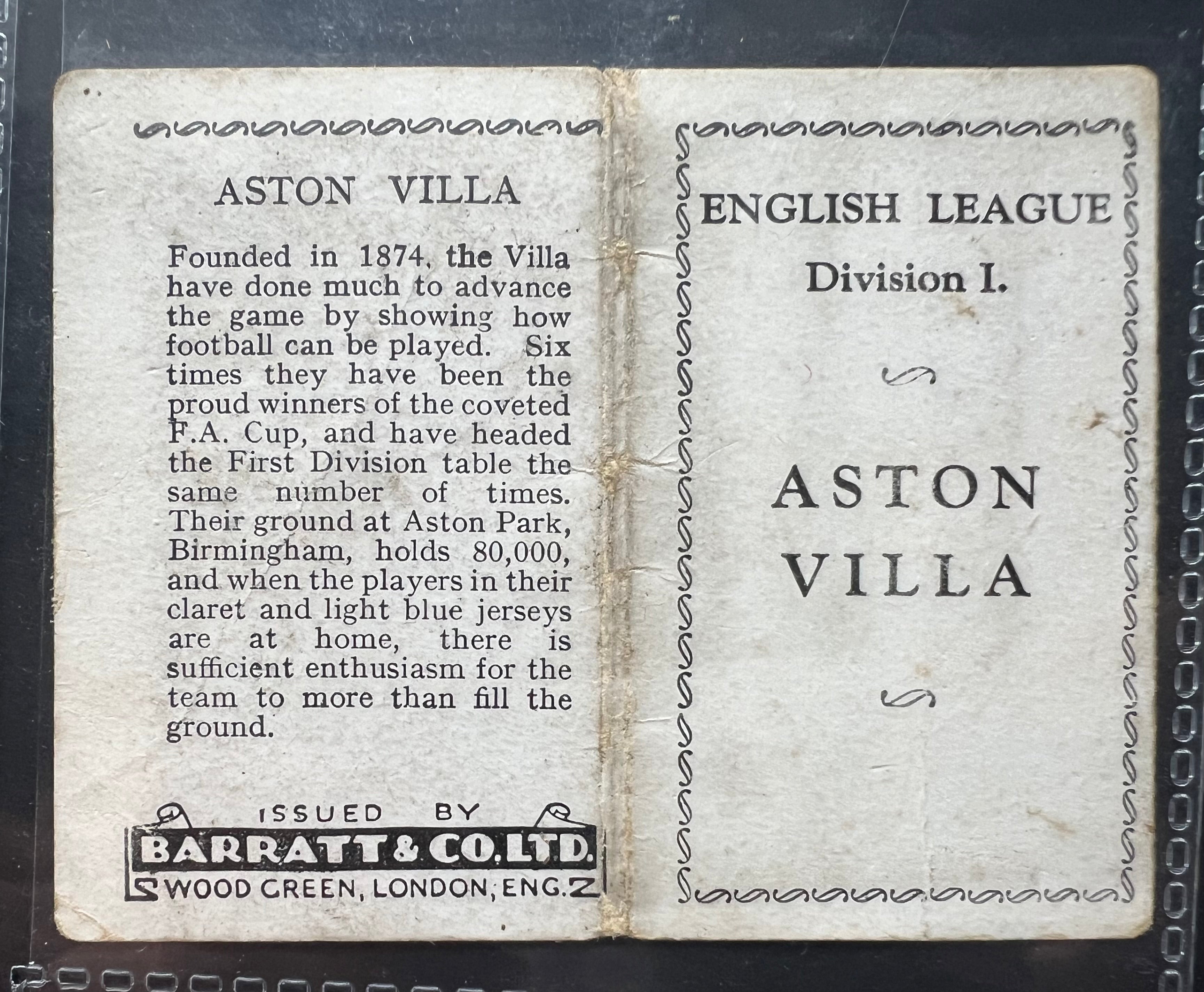 Aston Villa FC Football Trade Card Barratt & Co Team Folder
