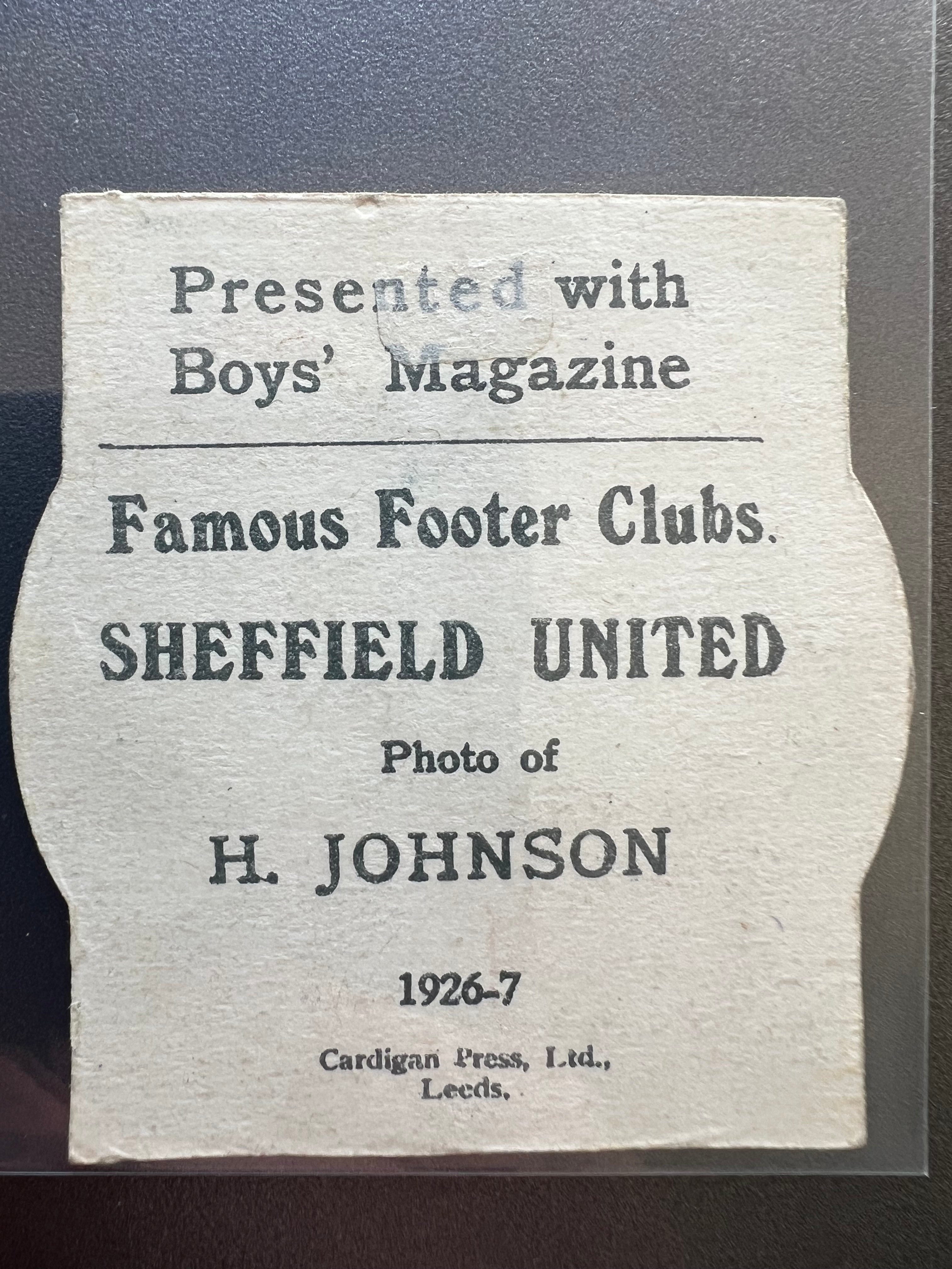 1926 - 1927  | H Johnson | Sheffield United | Boys' Magazine | Famous Footer Clubs | Baines style football trade card
