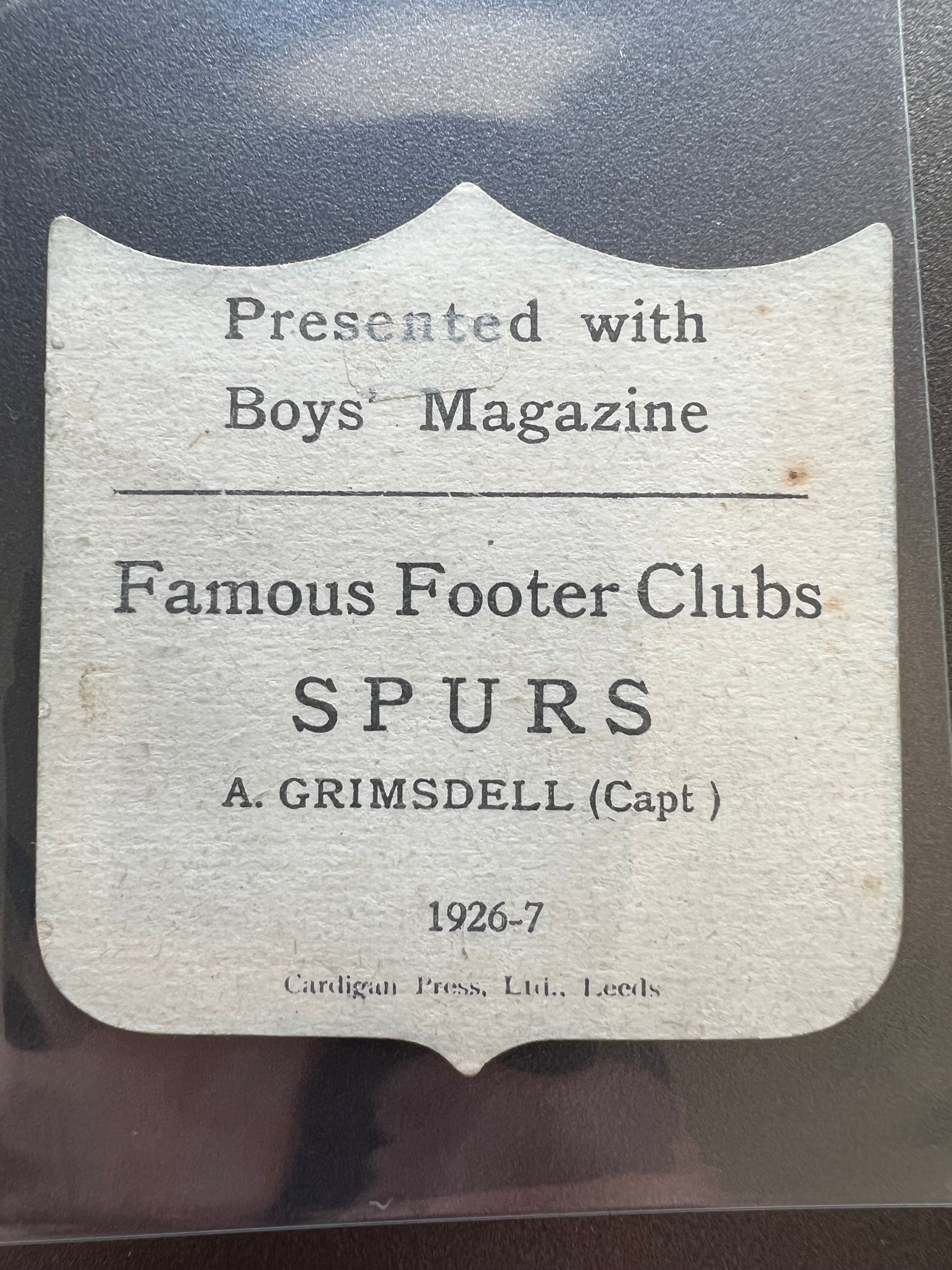 1926 - 1927  | A Grimsdell |Tottenham Hotspur FC | Boys' Magazine | Famous Footer Clubs | Baines style football trade card