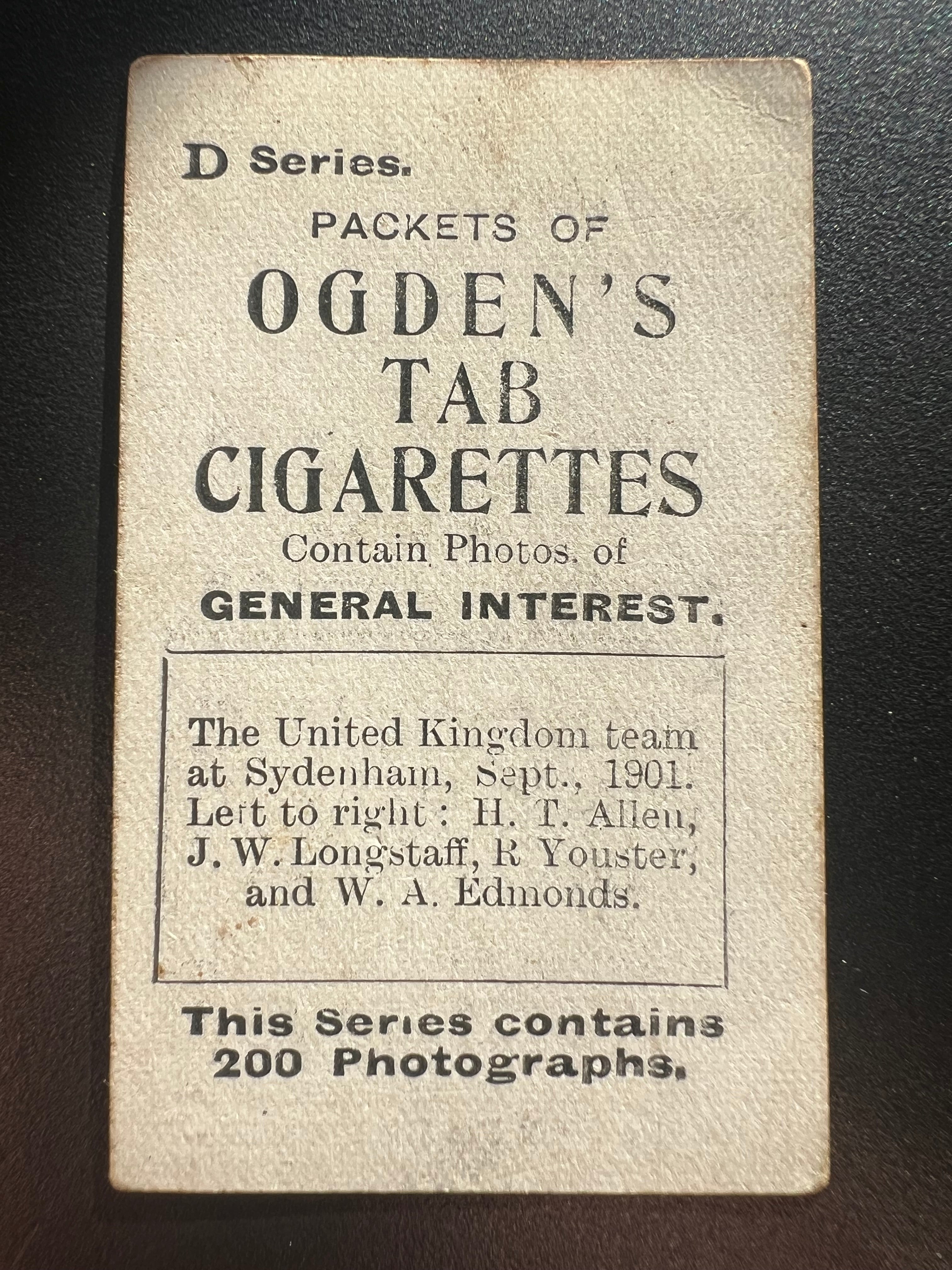 1902 | United Kingdom Cycling team | H. T. Allen J. W. Longstaff R Youster W. A. Edmonds | Ogden’s Tabs General Interest