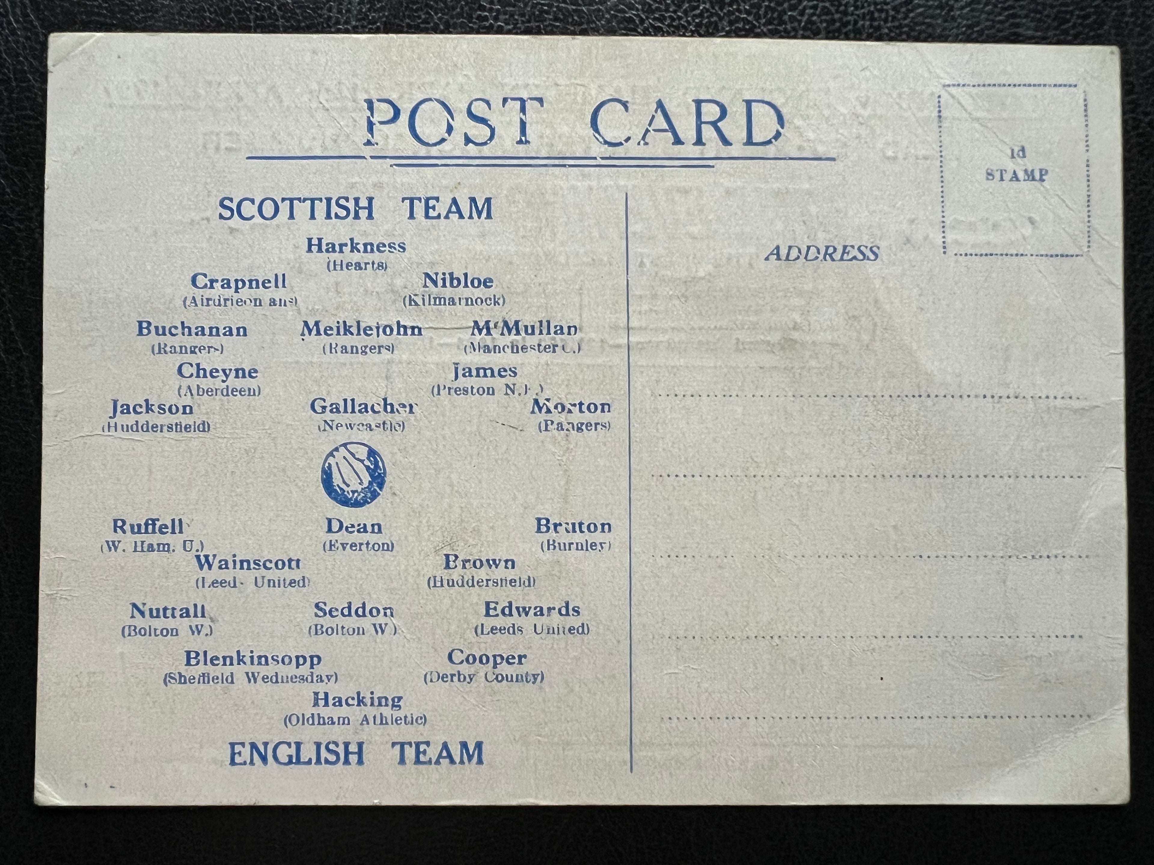 1929 | England vs Scotland Football | Dixie Dean & Hughie Gallacher | Original Postcard