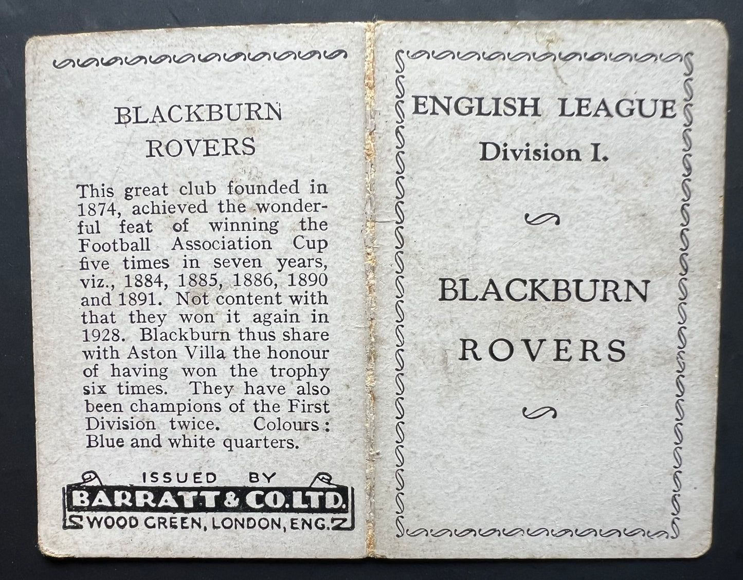 1933 | Blackburn Rovers FC (2) | Barratt & Co | English Teams Div 1 | Football / Soccer Team Folder Card