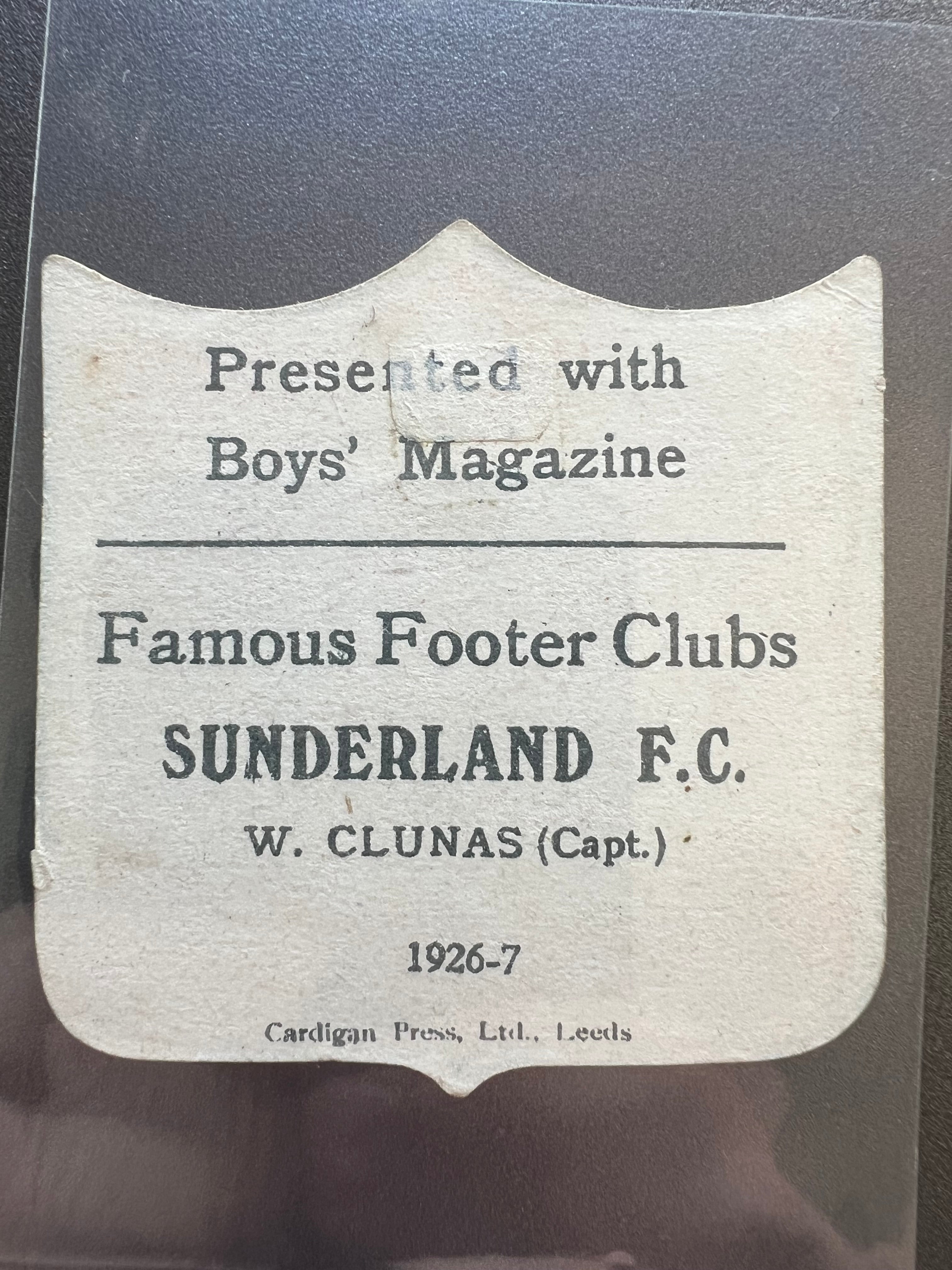 1926 - 1927  | W Clunas | Sunderland FC | Boys' Magazine | Famous Footer Clubs | Baines style football trade card