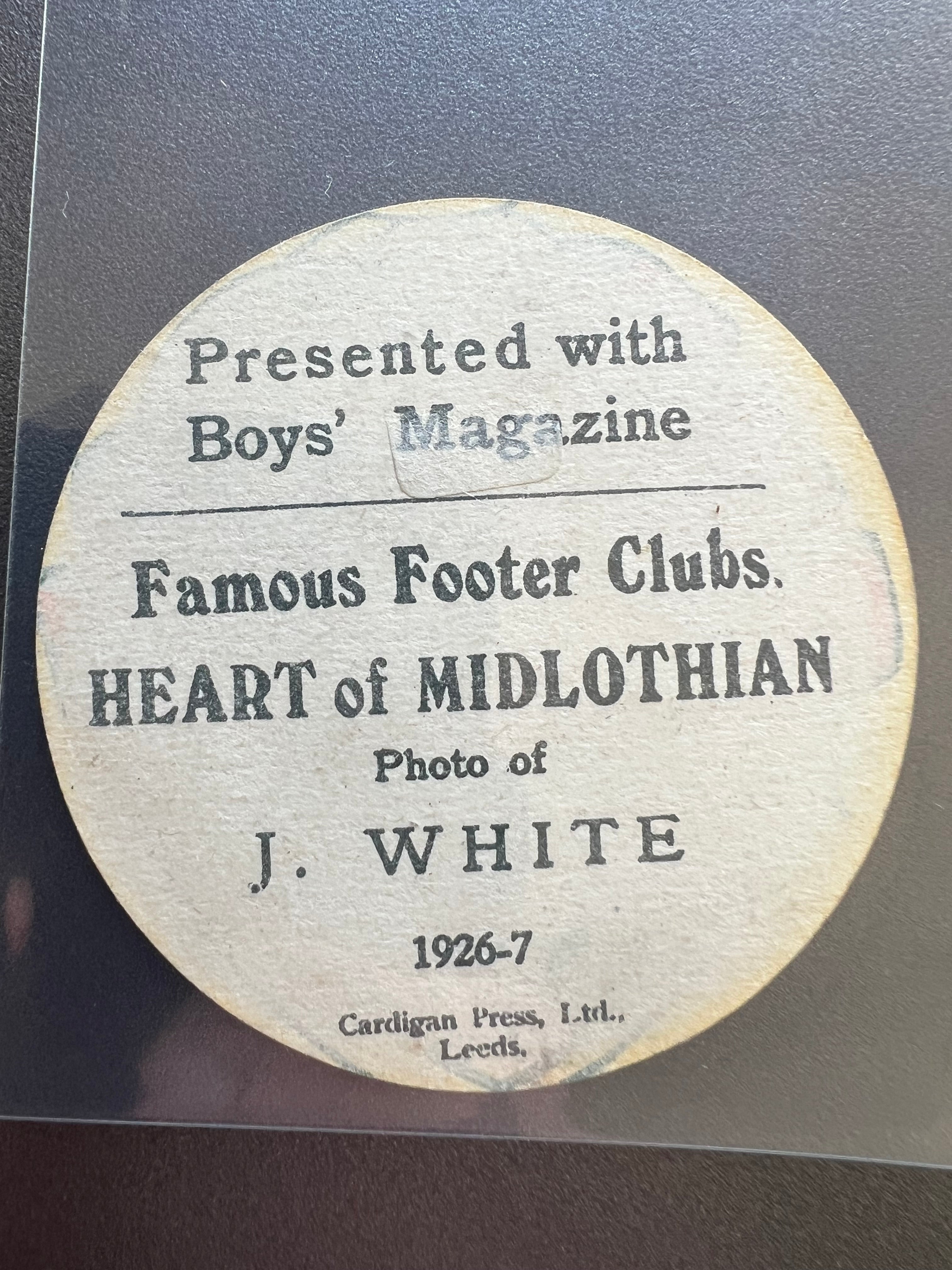 1926 - 1927  | J White | Heart of Midlothian | Boys' Magazine
| Famous Footer Clubs | Baines style football trade card