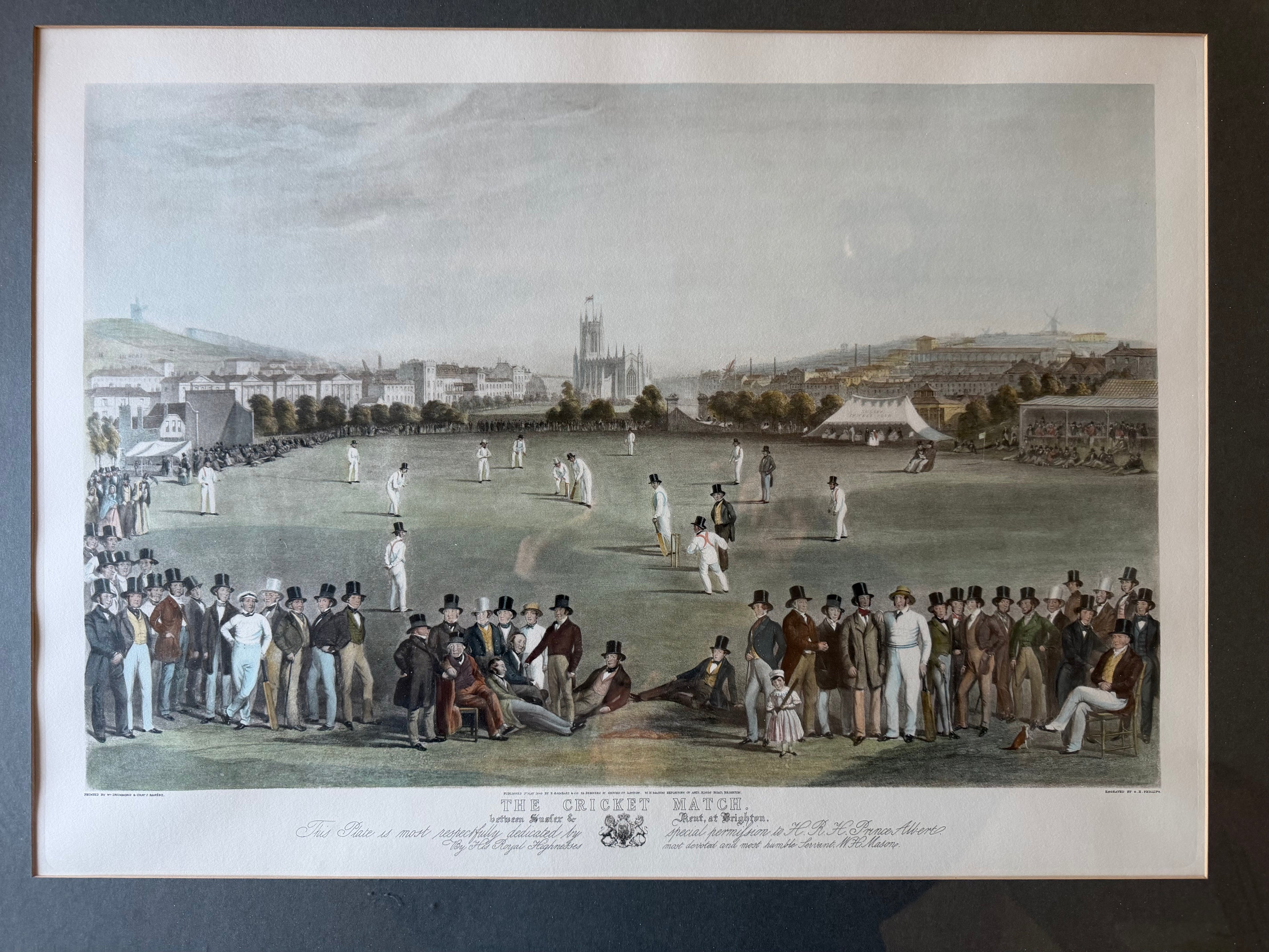 1849 | The Cricket Match between Sussex & Kent at Brighton | Drummond & Basébé Engraving – Early Victorian Cricket Print