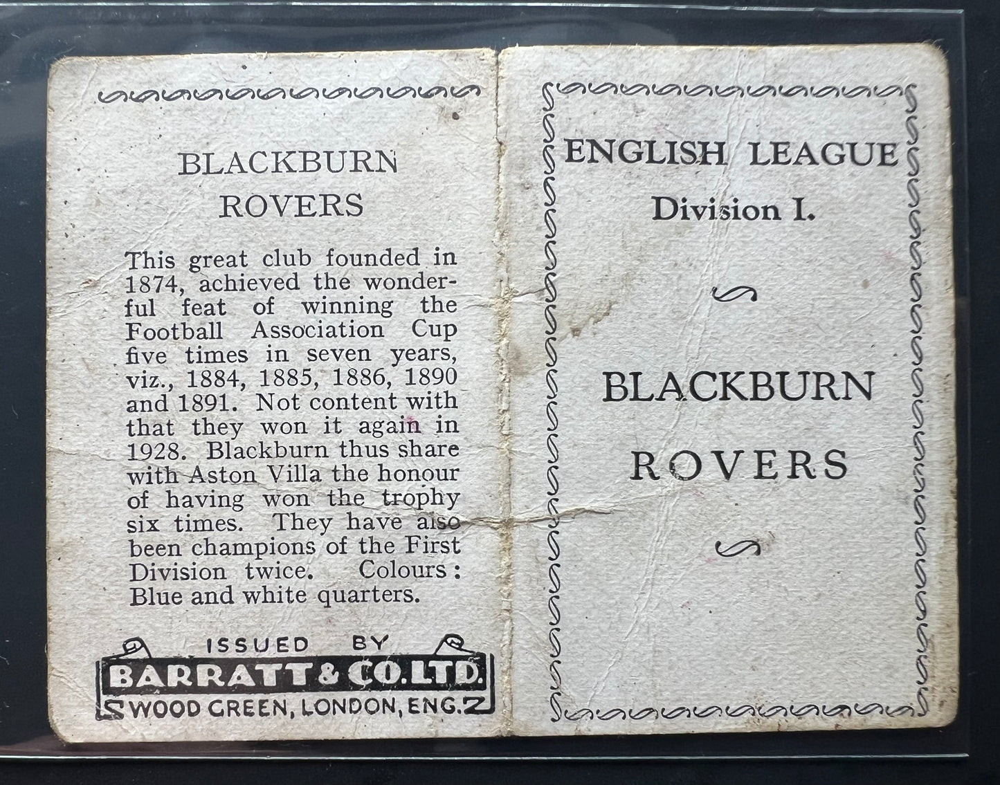 1933 | Blackburn Rovers FC (1) | Barratt & Co | English Teams Div 1 | Football / Soccer Team Folder Card