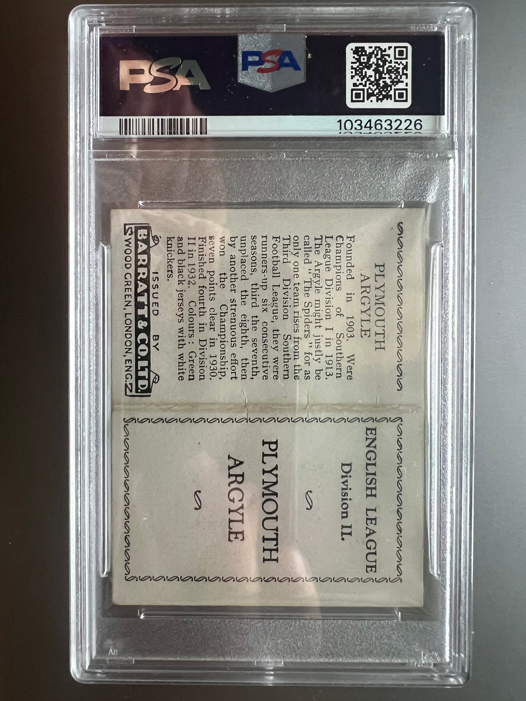 1933 | Jack Leslie | Plymouth Argyle | Barratt & Co | English Teams Div 2 - Football / Soccer Team Folder Card PSA 3.5 | POP 2