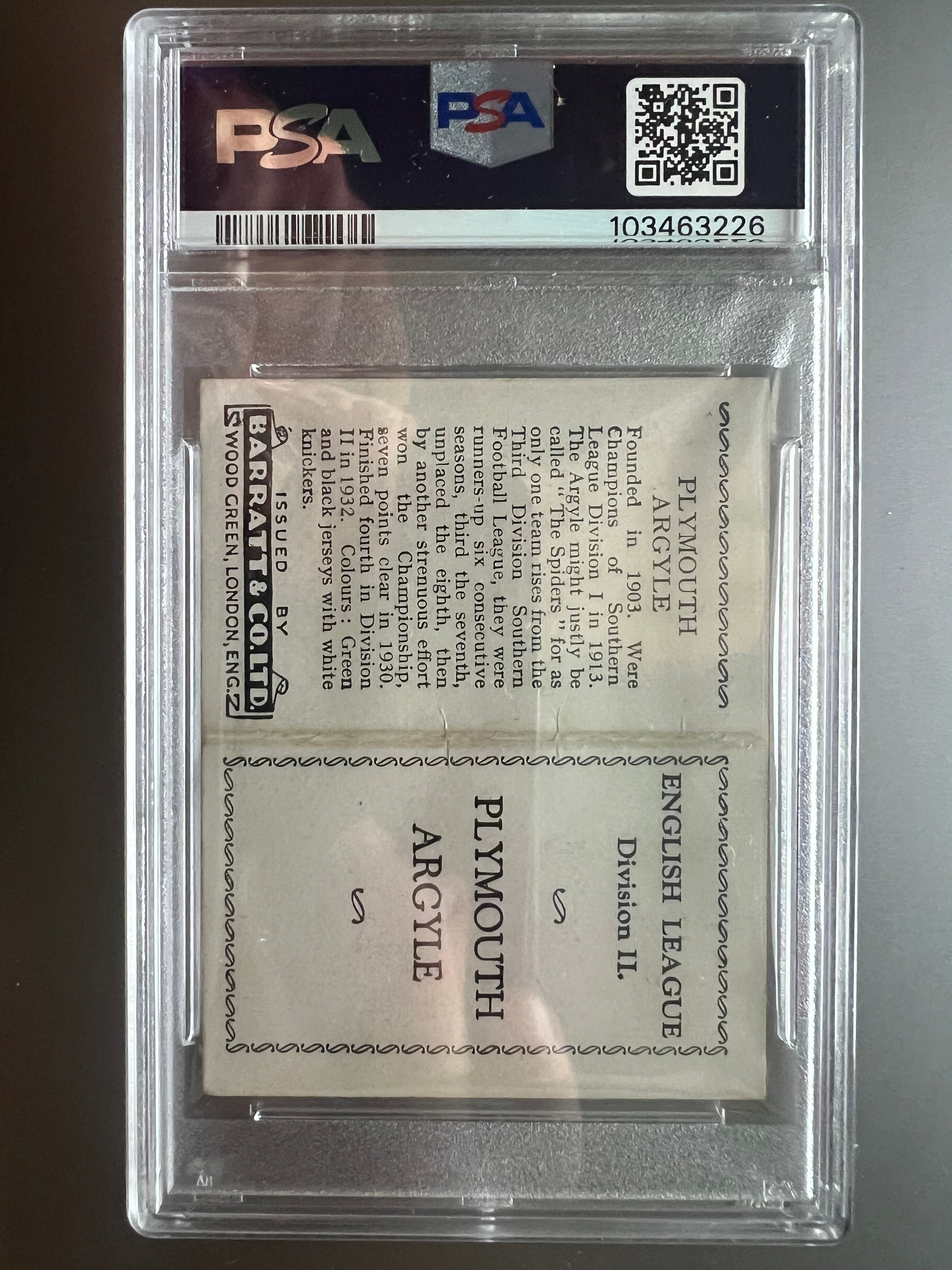 1933 | Jack Leslie | Plymouth Argyle | Barratt & Co | English Teams Div 2 - Football / Soccer Team Folder Card PSA 3.5 | POP 2
