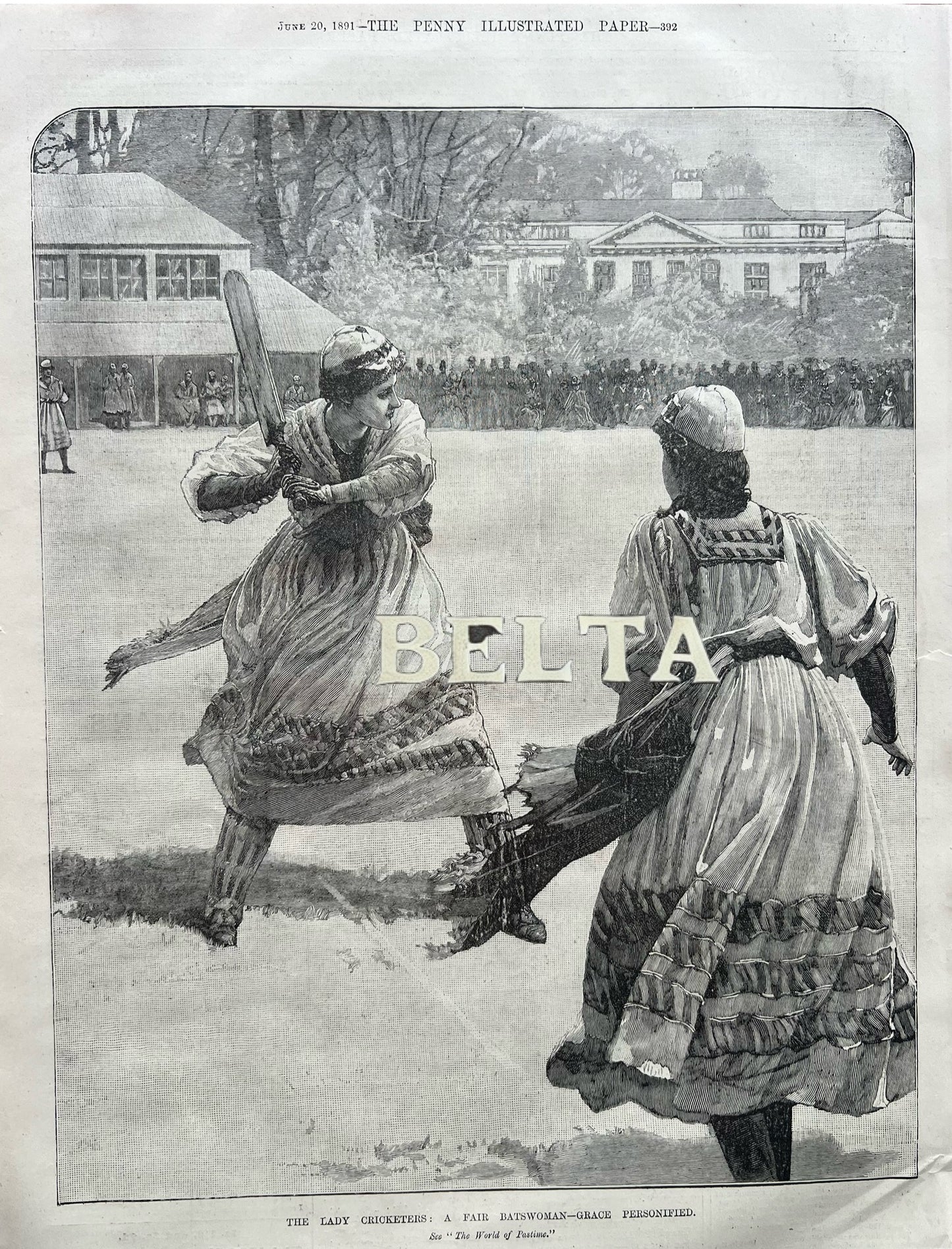 1891 | THE
LADY CRICKETERS: A FAIR BATSWOMAN - GRACE PERSONIFIED | Original Paper Print