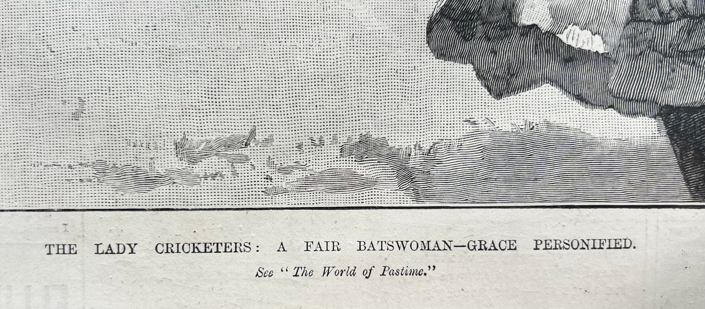 1891 | THE
LADY CRICKETERS: A FAIR BATSWOMAN - GRACE PERSONIFIED | Original Paper Print