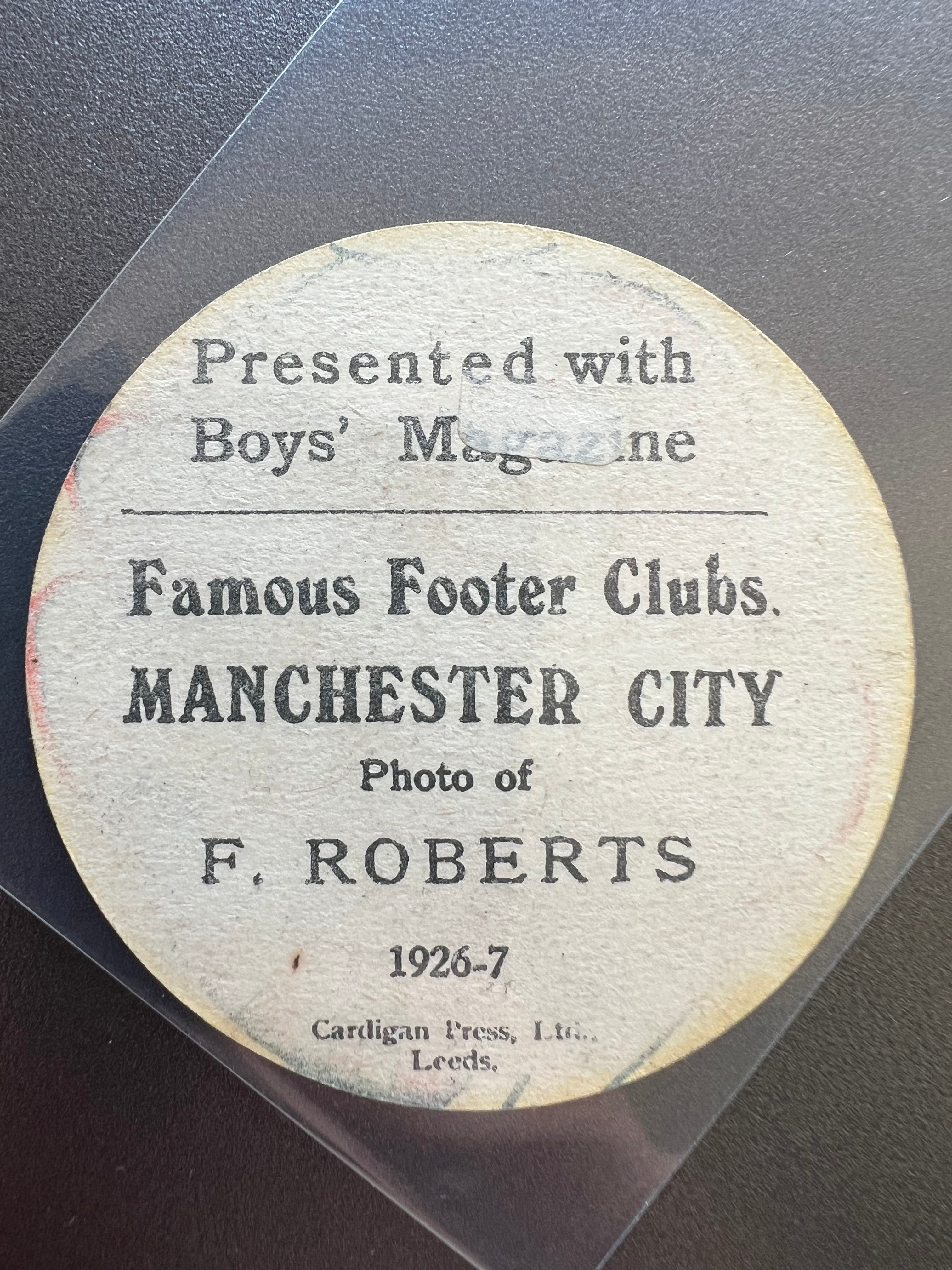 1926 - 1927  | F Roberts | Manchester City | Boys' Magazine | Famous Footer Clubs | Baines Style